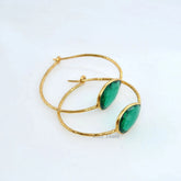 Hammered Silver Earrings - Green Quartz Gemstone Hoop Earrings - Gold Plated 925 Sterling Silver Hoop Earring - 10x14mm Pear - Gift for Her